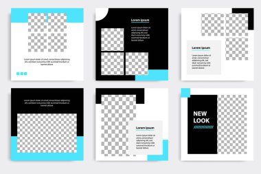 Düzenlenebilir kare geometrik pankart şablonu. Minimalist tasarım arka planı siyah ve mavi renkte. Vektör çizimi. Sosyal medya paylaşımı ve kapağı için uygun, İnternet, broşür.