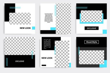 Düzenlenebilir kare geometrik pankart şablonu. Minimalist tasarım arka planı siyah ve mavi renkte. Vektör çizimi. Sosyal medya paylaşımı ve kapağı için uygun, İnternet, broşür.