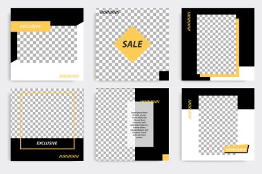 Sosyal medya paylaşımı için en küçük kare geometrik afiş şablonu siyah, sarı ve beyaz arkaplan rengi.