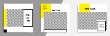 Sosyal medya paylaşımı için minimal / minimalist kare geometrik afiş şablonu. Siyah, sarı ve beyaz arkaplan rengi.