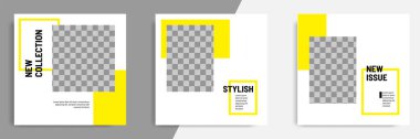 Sosyal medya paylaşımı için minimal / minimalist kare geometrik afiş şablonu. Siyah, sarı ve beyaz arkaplan rengi.