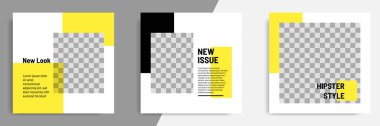 Siyah, sarı ve beyaz arkaplan rengi sosyal medya postası için minimal / minimalist kare geometrik afiş şablonu.