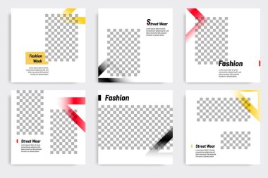 Düzenlenebilir küçük kare pankart şablonları. Sarı, kırmızı, siyah ve beyaz arkaplan rengi ve eğimli üçgen şekli. Fotoğraf üniversitesi ile sosyal medya paylaşımı ve internet reklamları için uygundur.