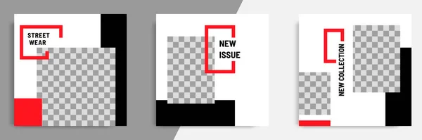 ブラックレッドホワイトのフレームカラーでミニマルなデザインの背景ベクトルイラスト ソーシャルメディアの投稿 チラシのための編集可能な正方形の抽象的なヴィンテージ 幾何学的なストリップライン形状のバナーテンプレート — ストックベクタ