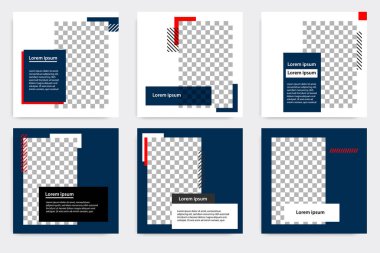 Mavi kırmızı çerçeve renginde minimal kare pankart. Sosyal medya paylaşımı için düzenlenebilir geometrik ürün katalog satış afişi şablonu, hikayeler, hikaye, el ilanı.