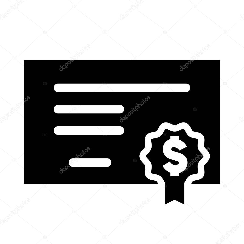 Business, Banking and Finance icon, certificate document with badge award and dollar symbol flat vector illustration in solid glyph style
