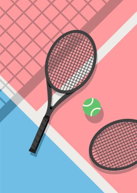 Hoş pastel renkler konsepti tenis raketleri ve mahkeme zeminindeki tenis topları.