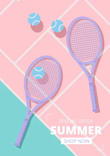 Hoş pastel renkler konsepti tenis raketleri ve mahkeme zeminindeki tenis topları.