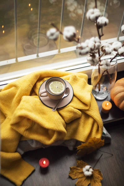 Autumn Composition Hot Steaming Cup Tea Warm Scarf Wooden Table — Stock Photo, Image