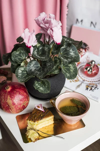 pot ve arka plan üzerinde çay güzel pembe çiçekler