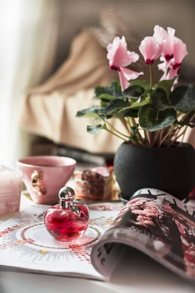 pot ve arka plan üzerinde çay güzel pembe çiçekler