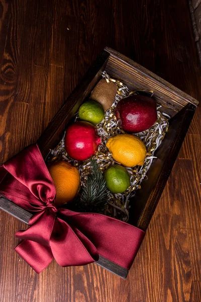 Box wooden gift fruit red burgundy yellow green multi-colored lemon lime apple pear