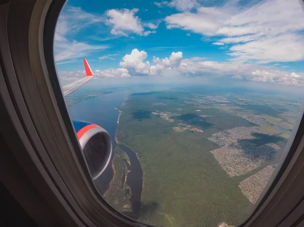 Widok Wołgę Okna Samolotu — Zdjęcie stockowe
