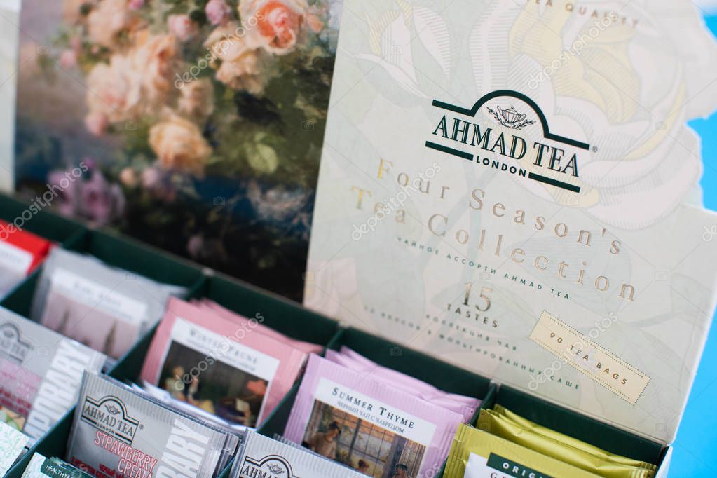 Chelyabinsk, Russia - February 12, 2019:  Pack of Ahmad tea on blue background