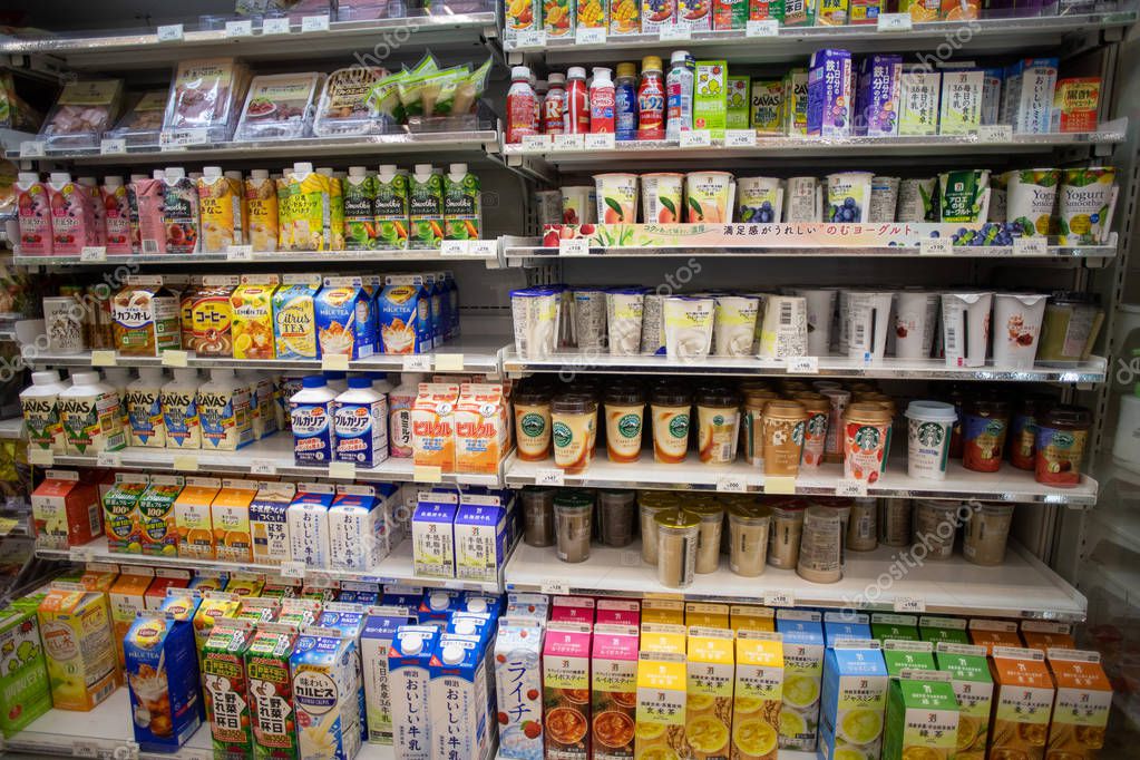 Inside of Seven-eleven Convenience Store in Tokyo, Japan. 7-Eleven Inc. is a Japanese-American international chain of convenience stores. View of cold drinks beverages in refrigerator