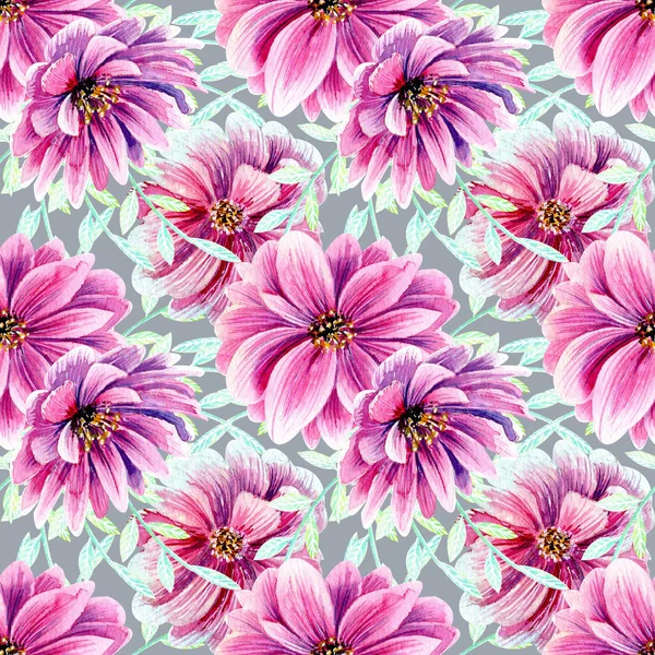  Seamless pattern with pink  flower and floral elements  in watercolor.