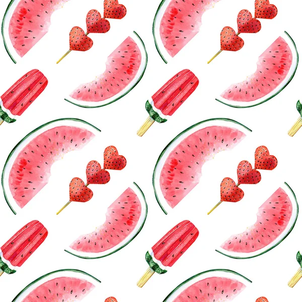 Summer Seamless Pattern Watermelon Strawberry Ice Cream White Background Watercolor — Stock Photo, Image