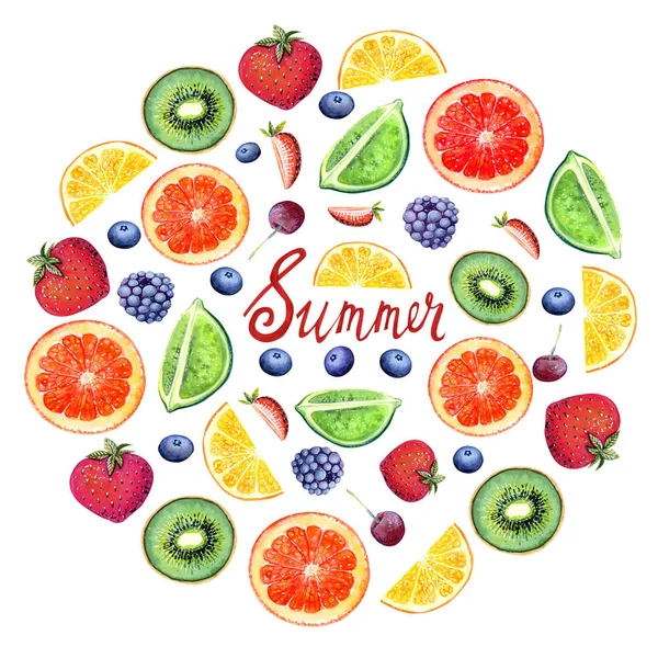 Sommerkranz Mit Kiwi Blaubeere Kirsche Erdbeere Orange Zitrone Auf Weißem — Stockfoto