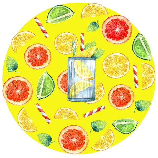 レモネード ライム オレンジ レモンの水彩画の背景が黄色で夏円 — ストック写真