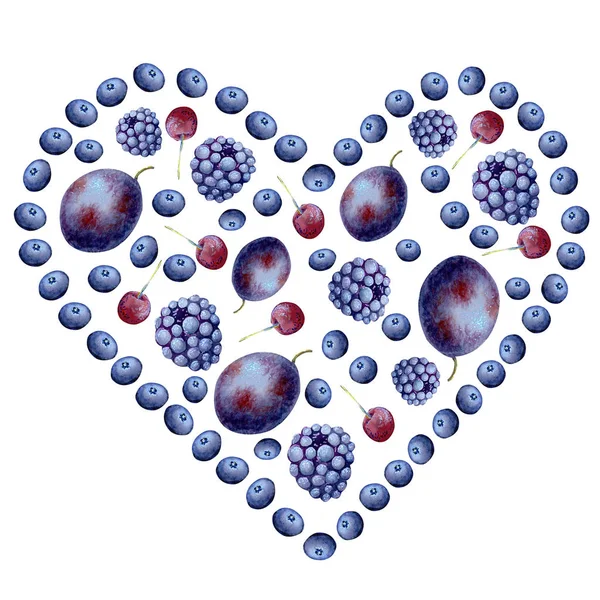 夏天的心脏与蓝莓和李子 樱桃在一个白色的背景在水彩画 — 图库照片