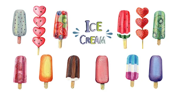 Summer set with watermelon heart,strawberry heart, ice-cream and fruit ice-cream on a white background in watercolor.Hand painted text.