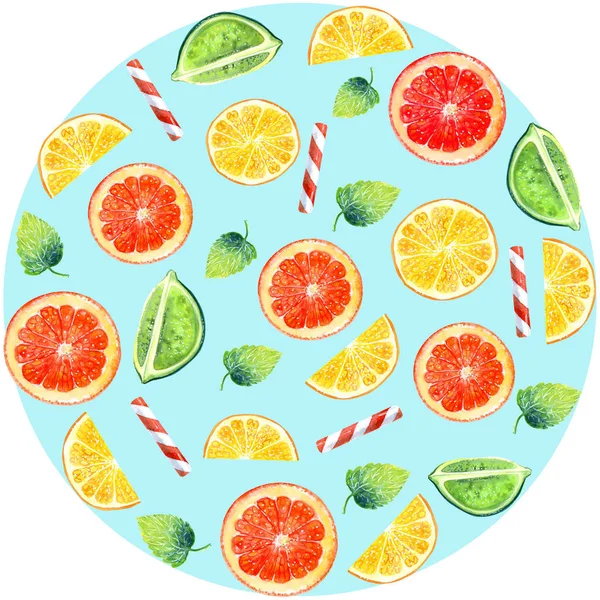 Sommerkreis Mit Limette Orange Zitrone Minze Auf Blauem Hintergrund Aquarell — Stockfoto