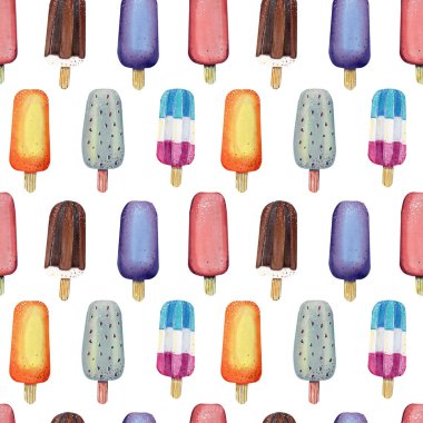 Suluboya beyaz bir arka plan üzerinde çocuklar için renkli dondurma ile Seamless Modeli .