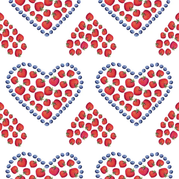 Vzor Bezešvé Srdce Rukou Malované Blueberrys Jahody Akvarel Bílém Pozadí — Stock fotografie