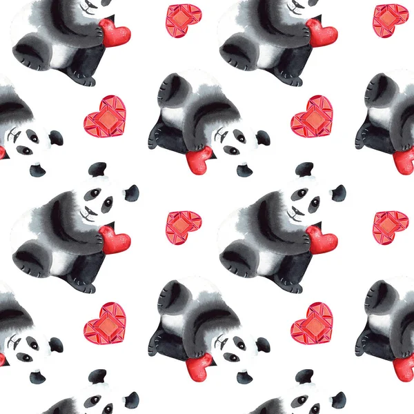 Padrão Sem Costura Com Panda Pintado Mão Com Coração Aquarela — Fotografia de Stock