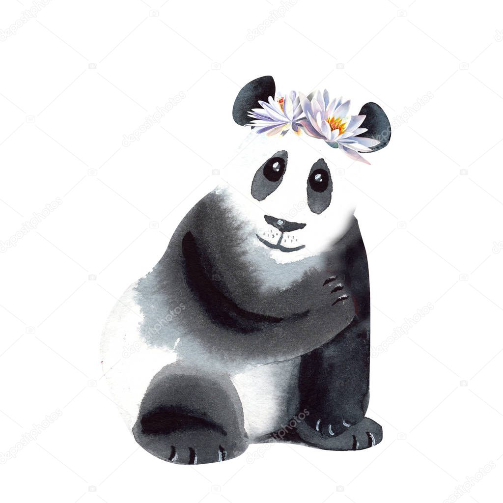 Hand painted panda with lotos flower  in watercolor on a white background.