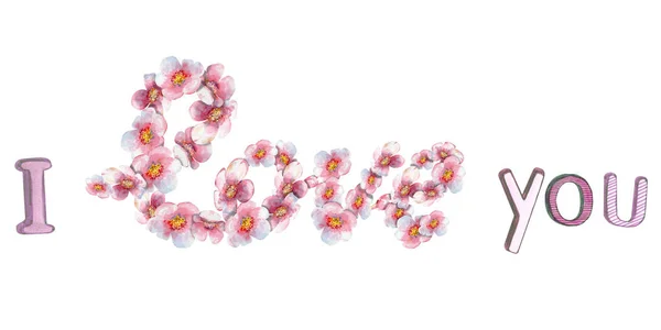 手描きの桜と手紙で作られたあなたが大好きです 白い背景に水彩で描かれた孤立したストックイラストの手 — ストック写真