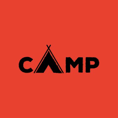  Kamp vektör logosu. Logo, amblem için logo öğesi kamp. Açık aktiviteler-işareti. Çadır, yangın, ahşap, illüstrasyon logo şablonu. Dağ işareti