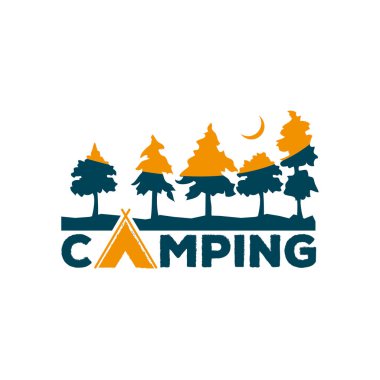  Kamp vektör logosu. Logo, amblem için logo öğesi kamp. Açık aktiviteler-işareti. Çadır, yangın, ahşap, illüstrasyon logo şablonu. Dağ işareti