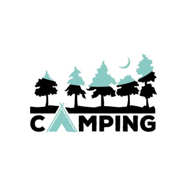  Kamp vektör logosu. Logo, amblem için logo öğesi kamp. Açık aktiviteler-işareti. Çadır, yangın, ahşap, illüstrasyon logo şablonu. Dağ işareti