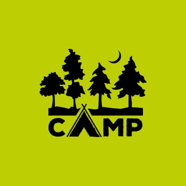  Kamp vektör logosu. Logo, amblem için logo öğesi kamp. Açık aktiviteler-işareti. Çadır, yangın, ahşap, illüstrasyon logo şablonu. Dağ işareti