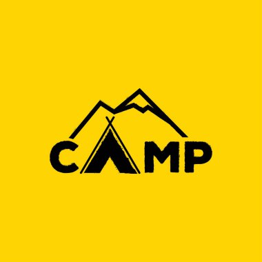  Kamp vektör logosu. Logo, amblem için logo öğesi kamp. Açık aktiviteler-işareti. Çadır, yangın, ahşap, illüstrasyon logo şablonu. Dağ işareti