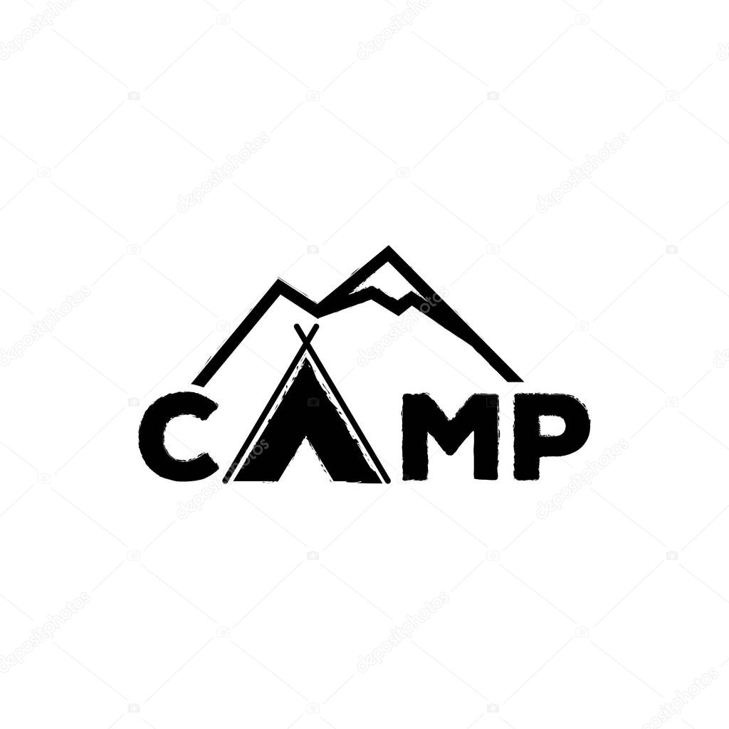 Camp vector logo. Logo, camping logo element for emblem. Outdoor activity symbol. Tent, fire, wood, illustration logo template. Mountain sign