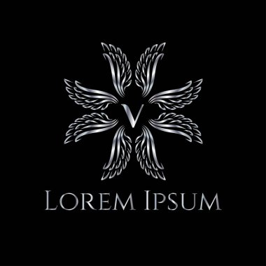 Kanatları logo vektör. Kanatları öğesi tasarım. Lüks çerçeve. Harf V monogram. Vektör