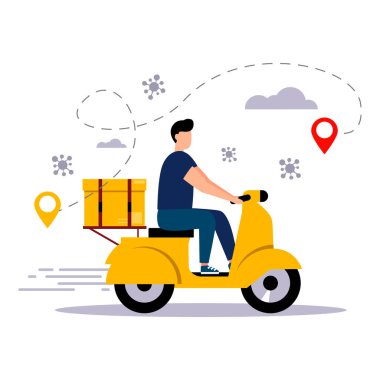 Çevrimiçi dağıtım hizmeti kavramı, COVID-19. Ev ve ofis teslimatı. Scooter 'daki kurye siparişi teslim ediyor. Vektör düz biçimi.