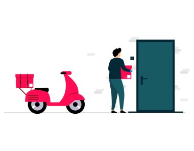 Çevrimiçi dağıtım hizmeti kavramı. Ev ve ofis teslimatı. Scooter 'daki kurye siparişi teslim ediyor. Fiyat sayfası için şablon. Vektör düz biçimi