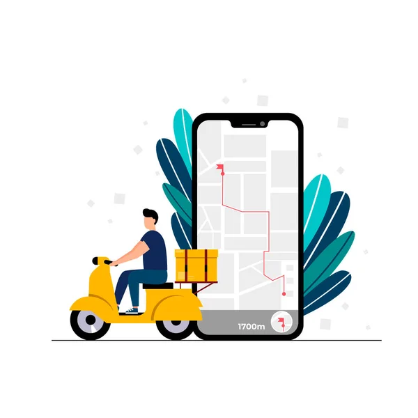 Het concept van online bezorgservice, online ordertracking, thuis- en kantoorlevering. De koerier op de scooter maakt de bestelling. levering van levensmiddelen. Vector platte stijl COVID-19 — Stockvector