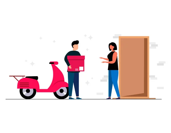 Çevrimiçi dağıtım hizmeti kavramı. Ev ve ofis teslimatı. Scooter 'daki kurye siparişi teslim ediyor. Fiyat sayfası için şablon. Vektör düz biçimi