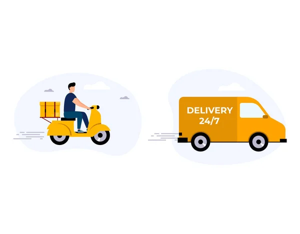 Online delivery service concept, home and office delivery. Warehouse, truck, scooter. Courier makes an order. Vector flat style illustration — Stock Vector