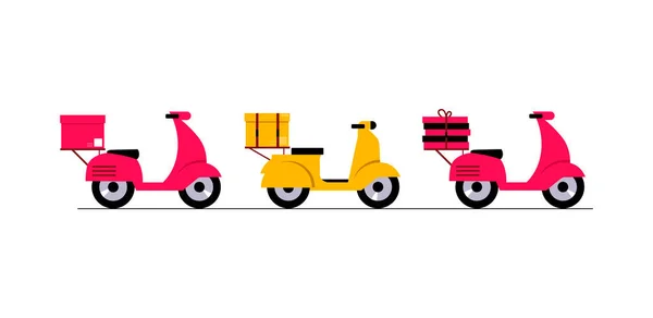 Hulajnogi, motocykl do dostarczania żywnościKoncepcja usługi dostawy online, dostawa do domu i biura. Wektor płaski styl — Wektor stockowy