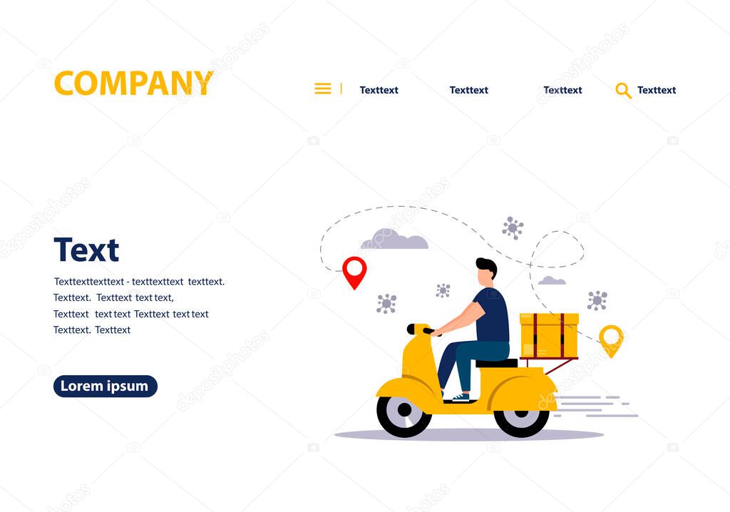 The concept of online delivery service, online order tracking, home and office delivery. The courier on the scooter delivers the order. template for price page. Vector flat style COVID-19.