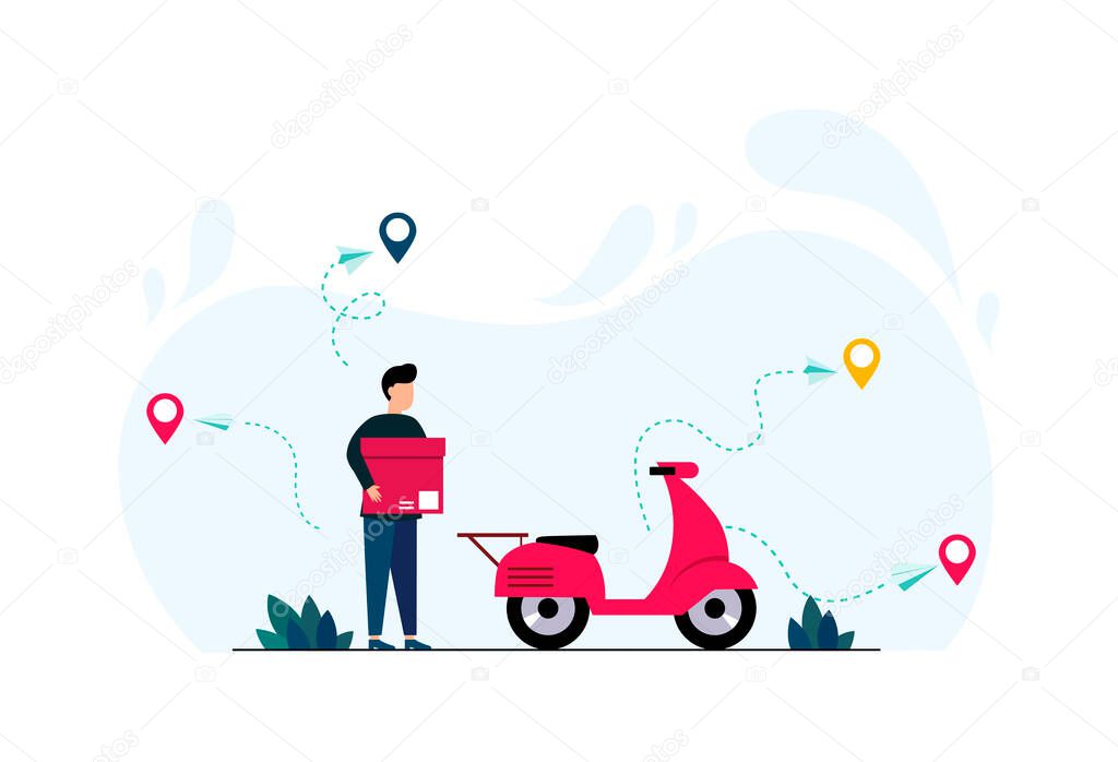 The concept of online delivery service, online order tracking, home and office delivery. The courier on the scooter makes the order. delivery of food. Vector flat style COVID-19