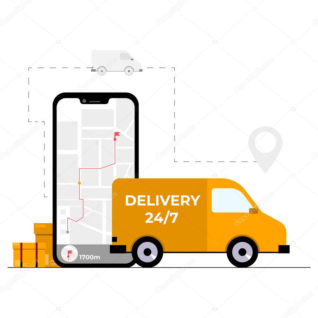 The concept of online delivery service, online order tracking, home and office delivery. The courier on the scooter makes the order. delivery of food. Vector flat style COVID-19