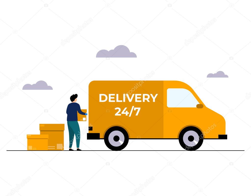 Online delivery service concept, home and office delivery. Warehouse, truck, scooter. Courier makes an order. Vector flat style illustration