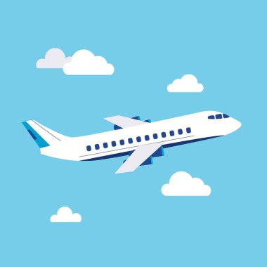 Gökyüzünde bulutlu bir uçak. Seyahat konsepti vektör çizimi izole edilmiş arkaplan simgesi.