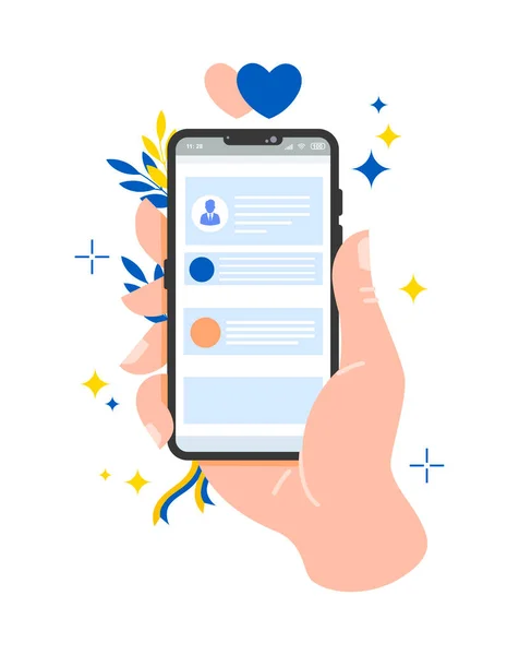 Hand Hålla Smartphone Med Korrespondens Skärmen Videosamtal Med Älskad Vektor — Stock vektor